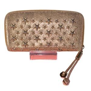 Jimmy Choo Filipa Stars Studded Gold Cracked Metallic Leather Long Zip Wallet